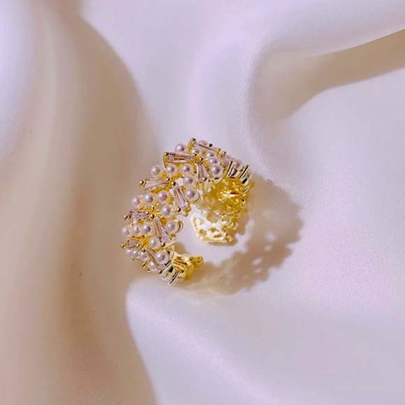 High Quality Pearl Zircon Gold Open Rings For Woman Resizable Gold Pearls Ring - Picture 5 of 8
